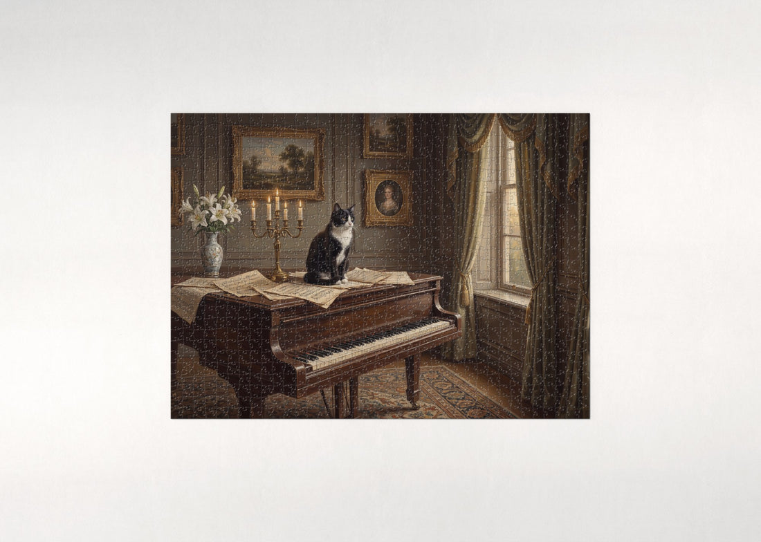 Tuxedo Cat At the Grand Piano jigsaw puzzle - gift box