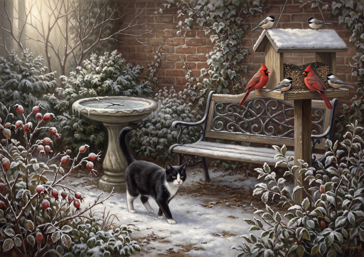 Tuxedo Cat In the First Snow Garden jigsaw puzzle