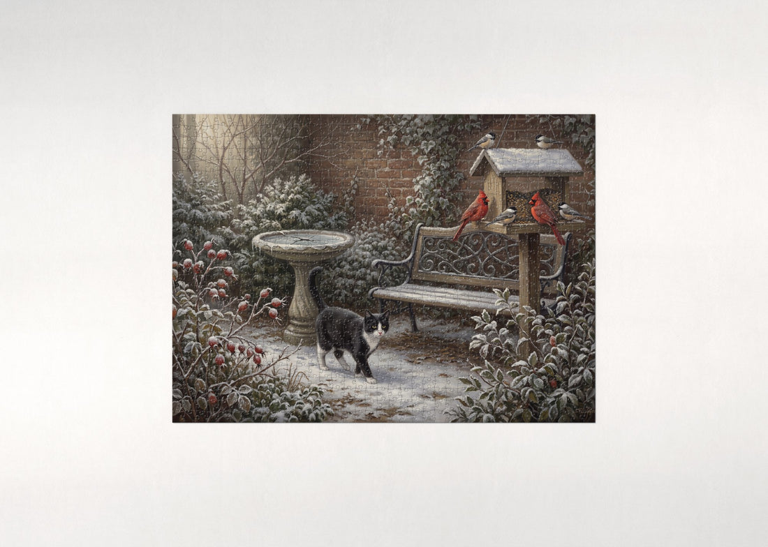 Tuxedo Cat In the First Snow Garden jigsaw puzzle - gift box