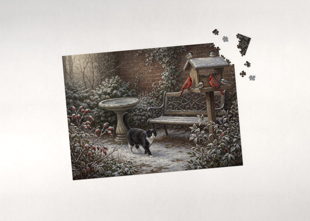 Tuxedo Cat In the First Snow Garden jigsaw puzzle - puzzle with loose pieces