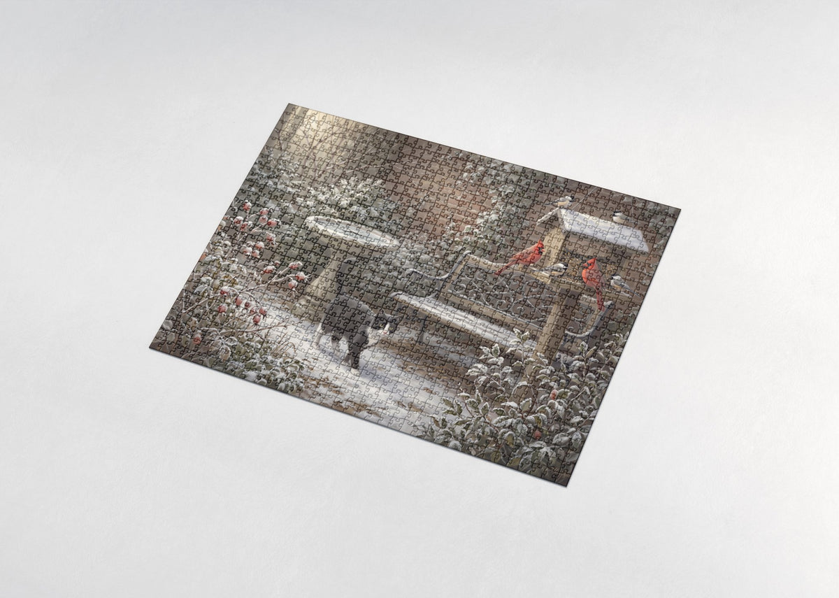 Tuxedo Cat In the First Snow Garden jigsaw puzzle - assembled puzzle