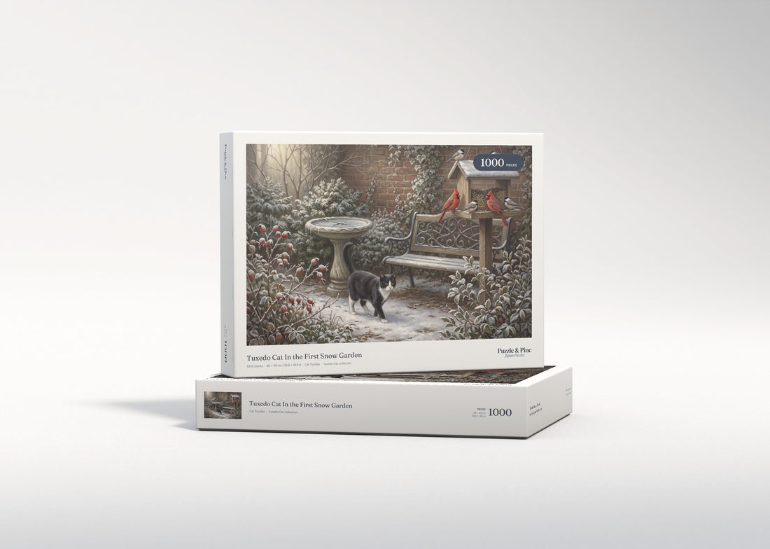 Tuxedo Cat In the First Snow Garden jigsaw puzzle - gift box