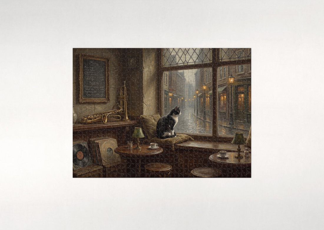 Tuxedo Cat In the Jazz Cafe Window jigsaw puzzle - gift box
