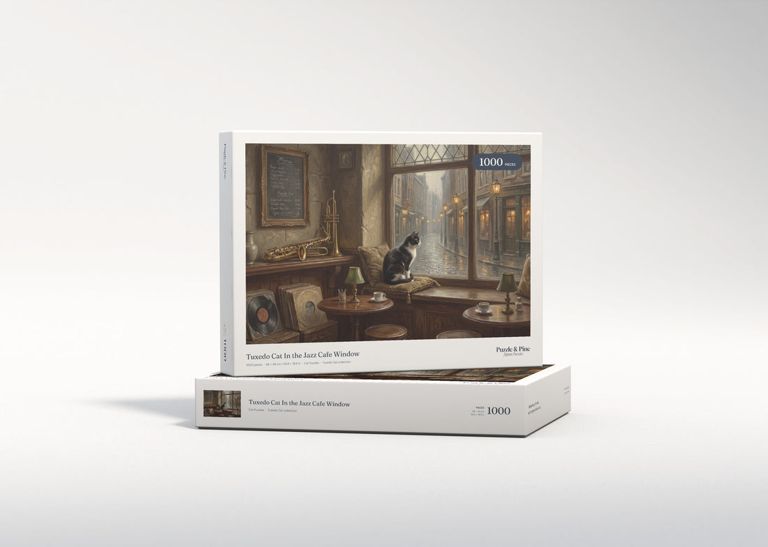 Tuxedo Cat In the Jazz Cafe Window jigsaw puzzle - gift box