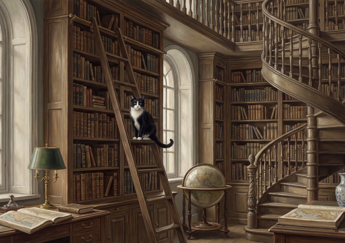 Tuxedo Cat On the Library Ladder jigsaw puzzle