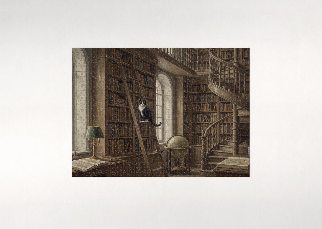 Tuxedo Cat On the Library Ladder jigsaw puzzle - gift box