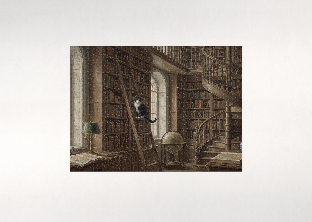 Tuxedo Cat On the Library Ladder jigsaw puzzle - flat puzzle