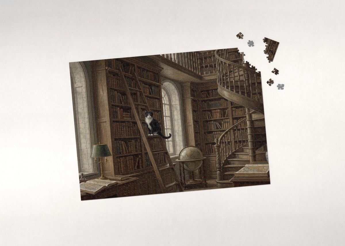 Tuxedo Cat On the Library Ladder jigsaw puzzle - puzzle with loose pieces