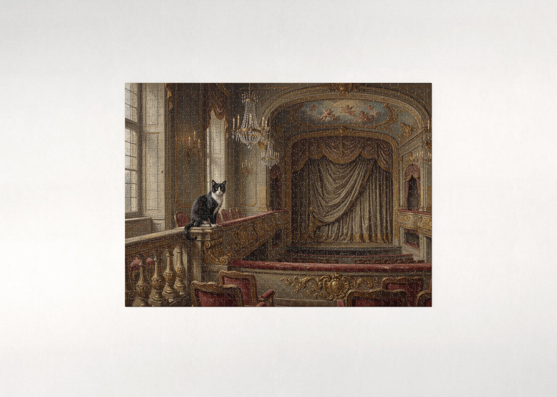 Tuxedo Cat On the Velvet Theater Balcony jigsaw puzzle - gift box