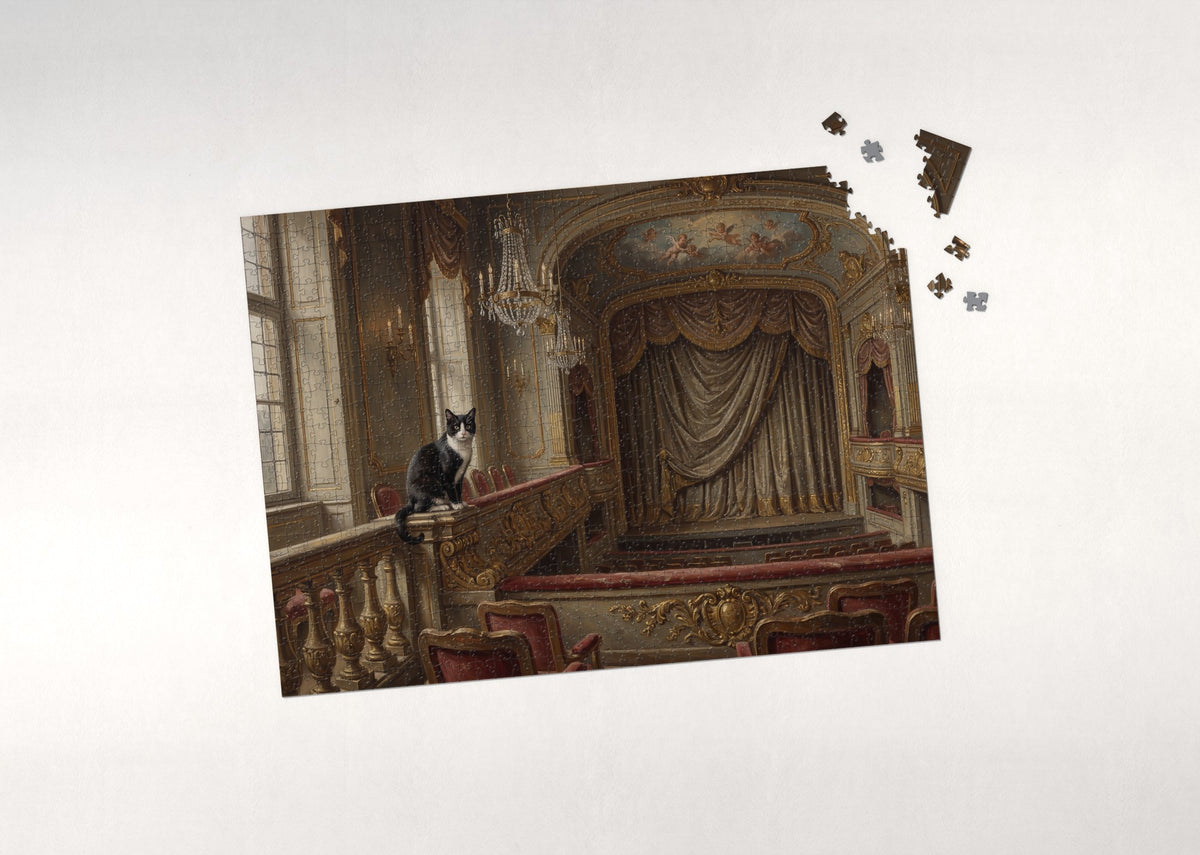 Tuxedo Cat On the Velvet Theater Balcony jigsaw puzzle - puzzle with loose pieces