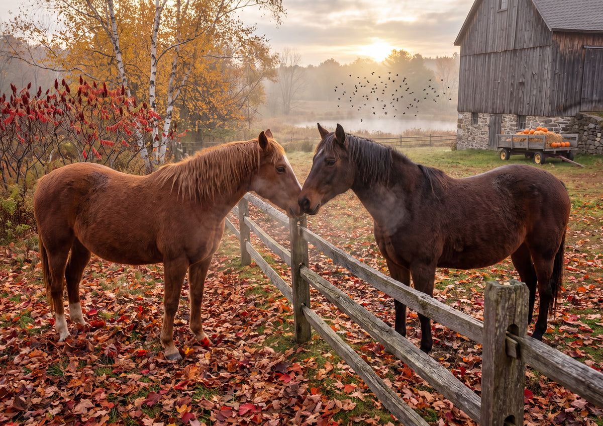 Two Horses Nuzzling at the Autumn Fence jigsaw puzzle
