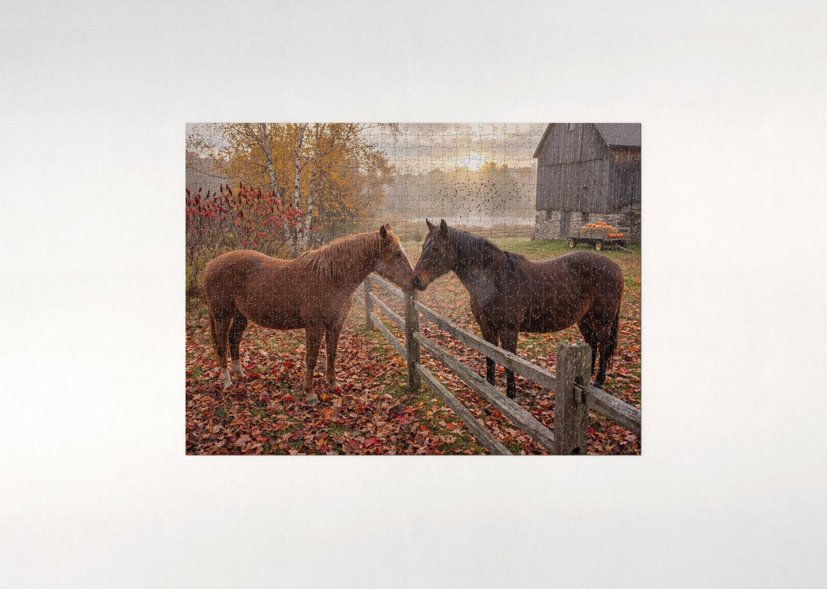 Two Horses Nuzzling at the Autumn Fence jigsaw puzzle - flat puzzle