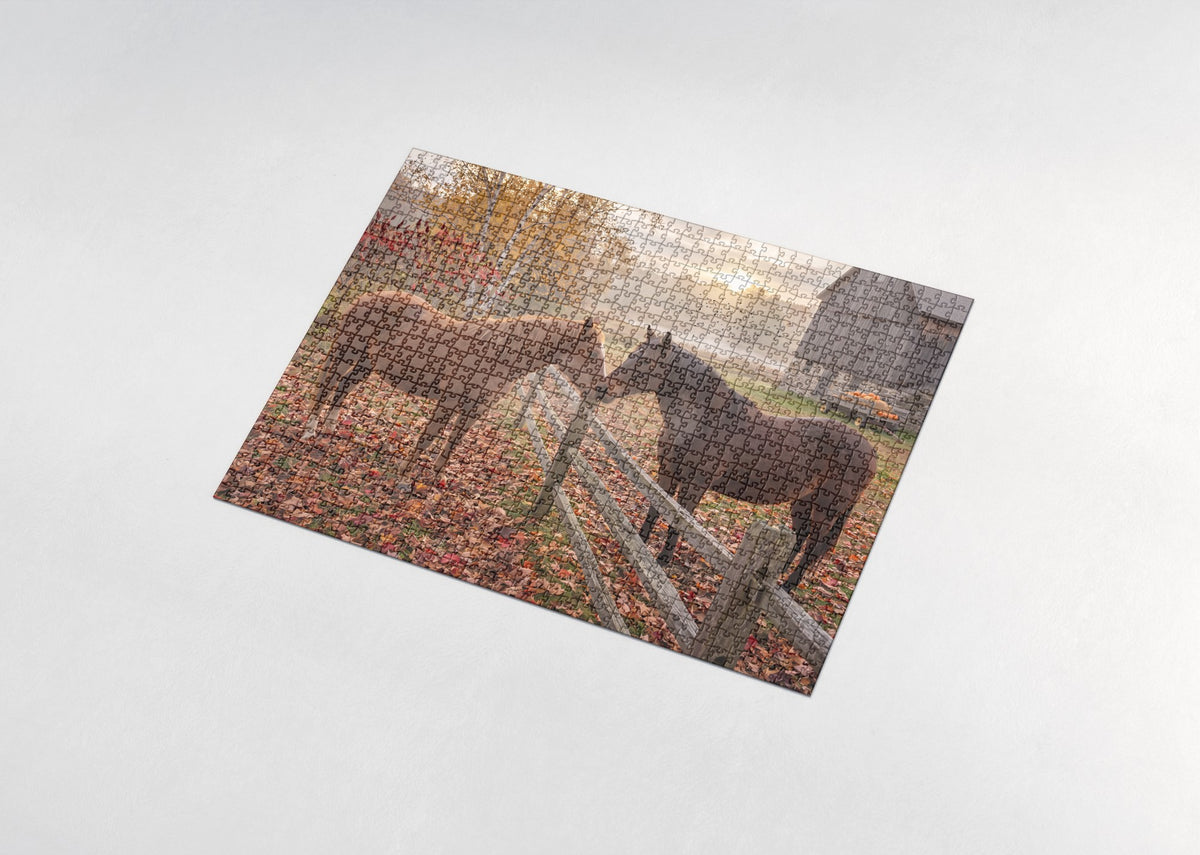 Two Horses Nuzzling at the Autumn Fence jigsaw puzzle - assembled puzzle