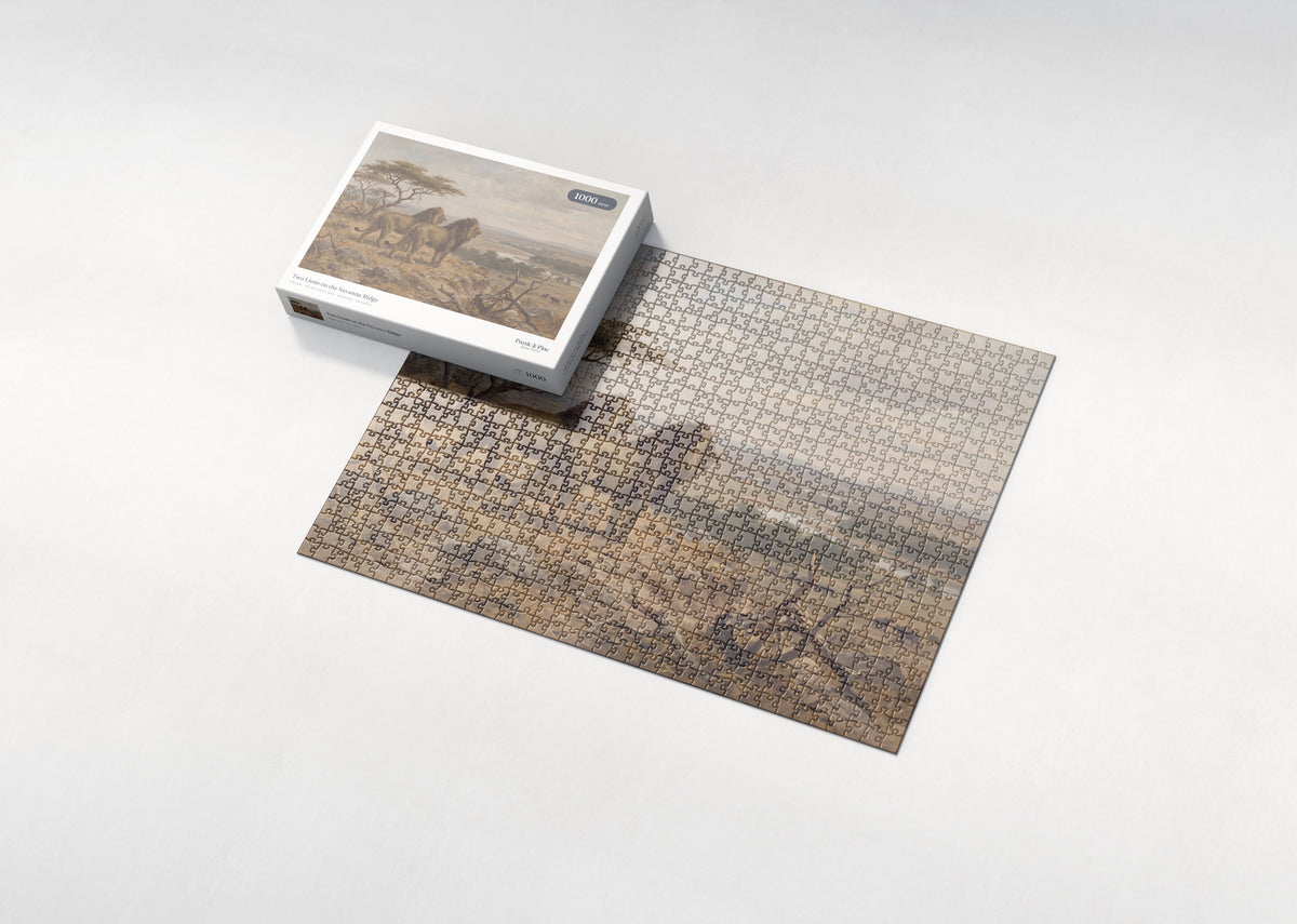 Two Lions on the Savanna Ridge jigsaw puzzle - box and puzzle
