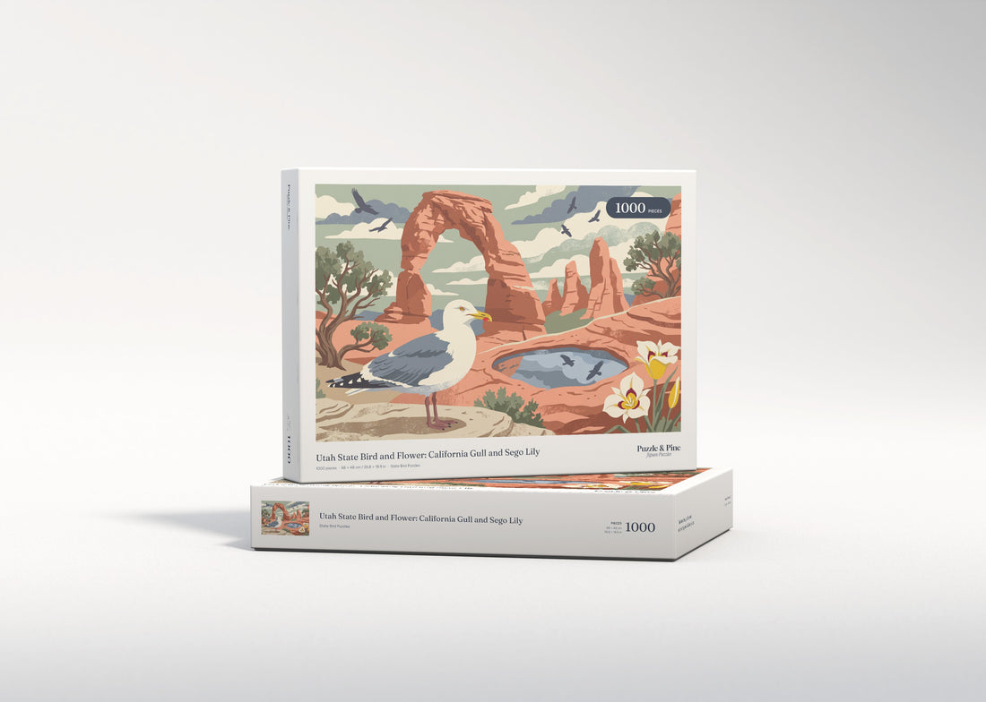 Utah State Bird and Flower: California Gull and Sego Lily jigsaw puzzle - gift box