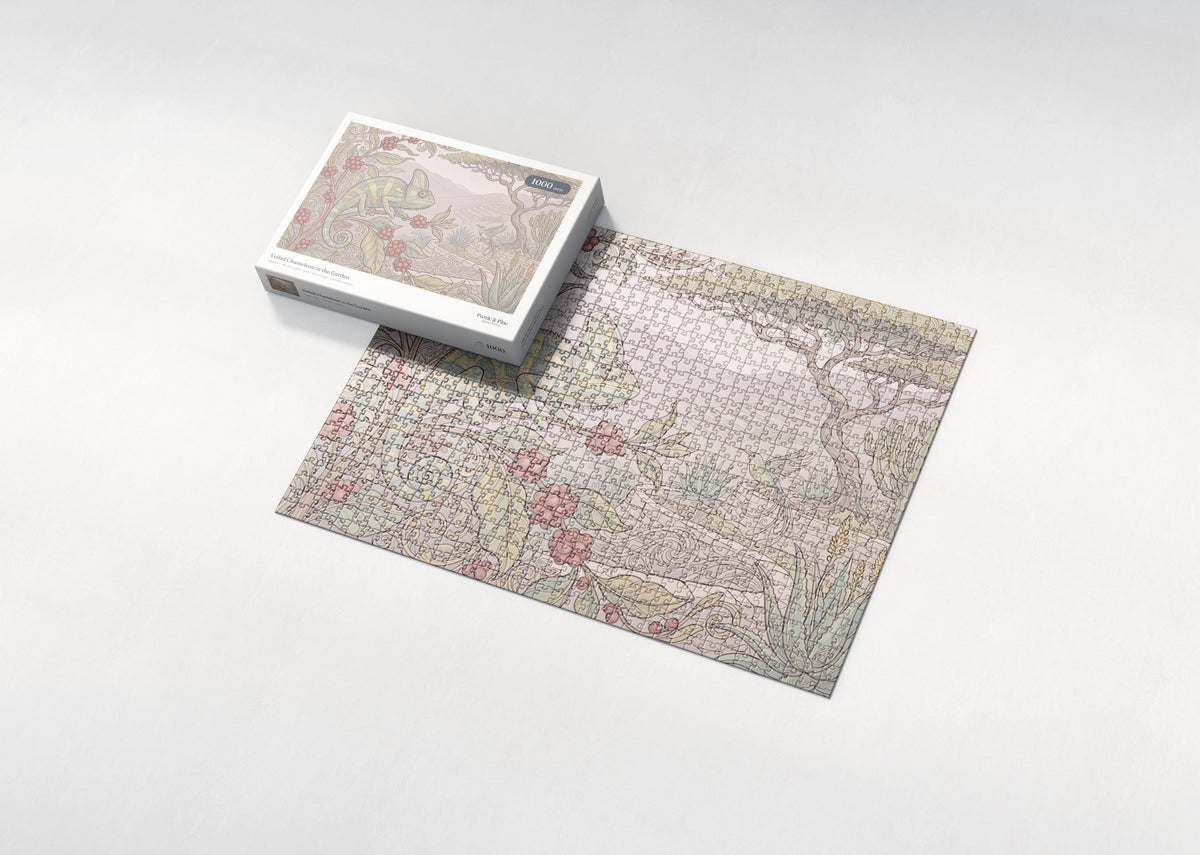 Veiled Chameleon in the Garden jigsaw puzzle - box and puzzle