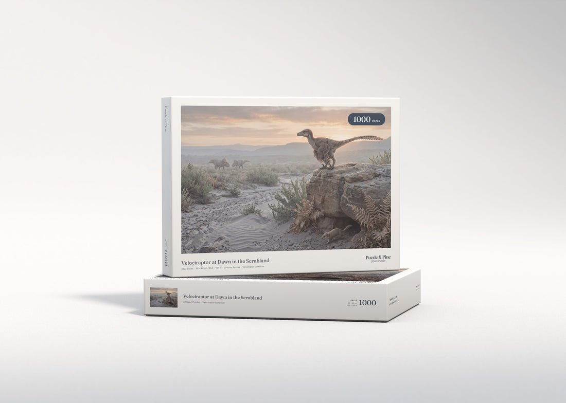 Velociraptor at Dawn in the Scrubland jigsaw puzzle - gift box