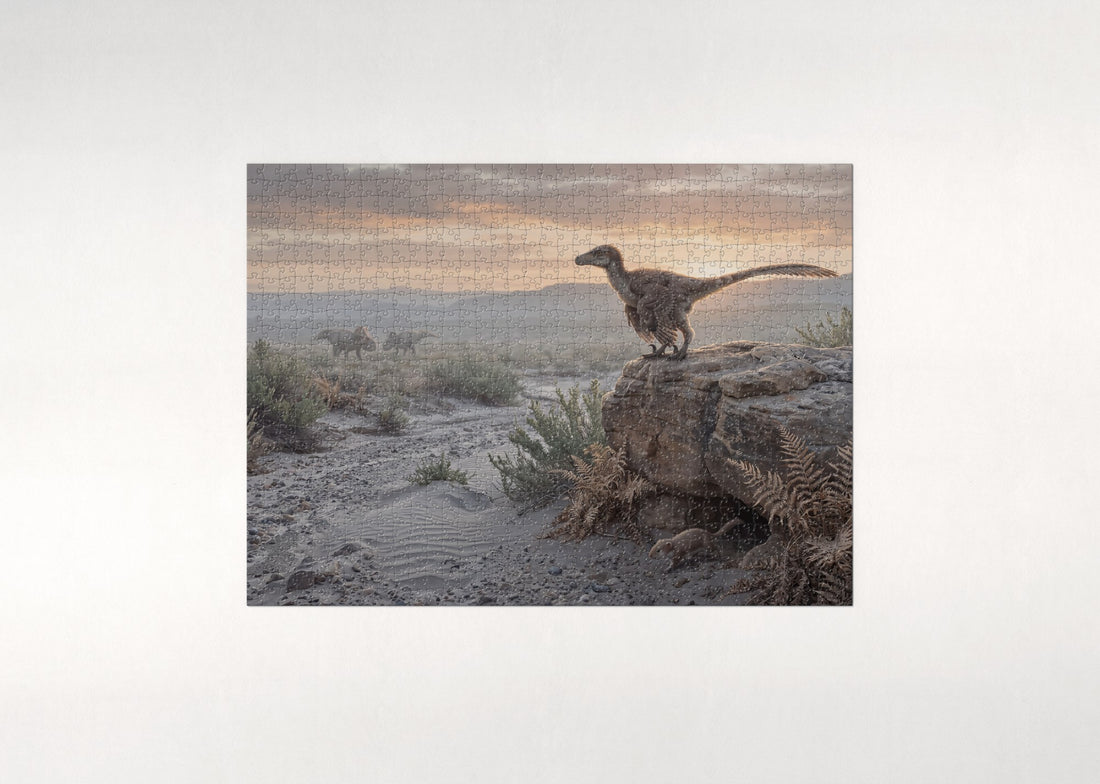 Velociraptor at Dawn in the Scrubland jigsaw puzzle - gift box
