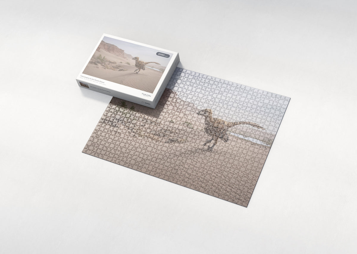 Velociraptor in the Desert Dunes jigsaw puzzle - box and puzzle