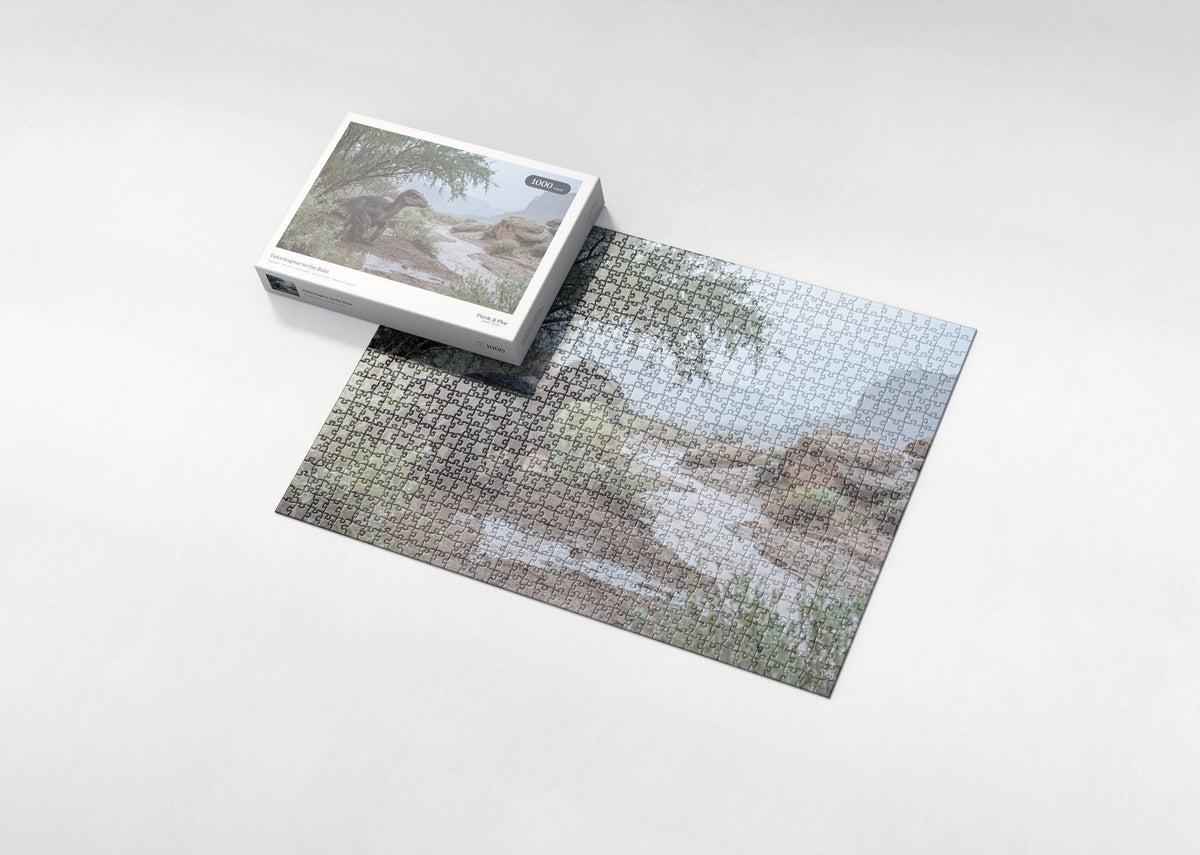 Velociraptor in the Rain jigsaw puzzle - box and puzzle