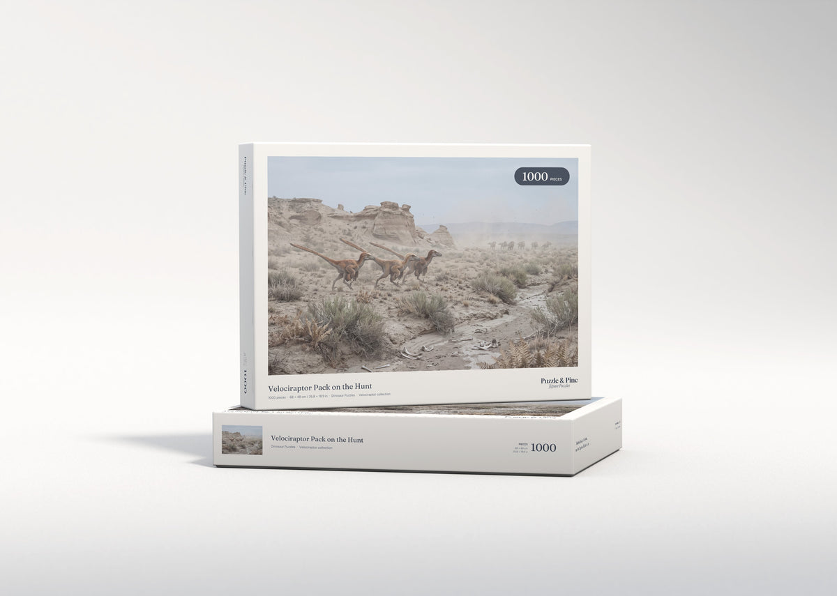 Velociraptor Pack on the Hunt jigsaw puzzle - gift box