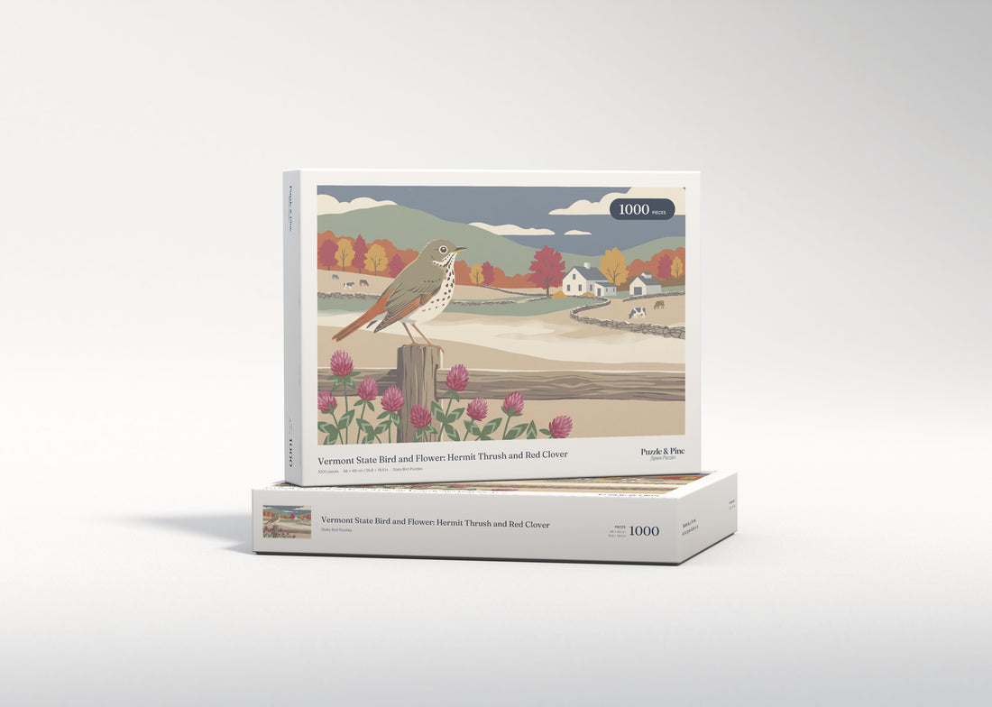 Vermont State Bird and Flower: Hermit Thrush and Red Clover jigsaw puzzle - gift box