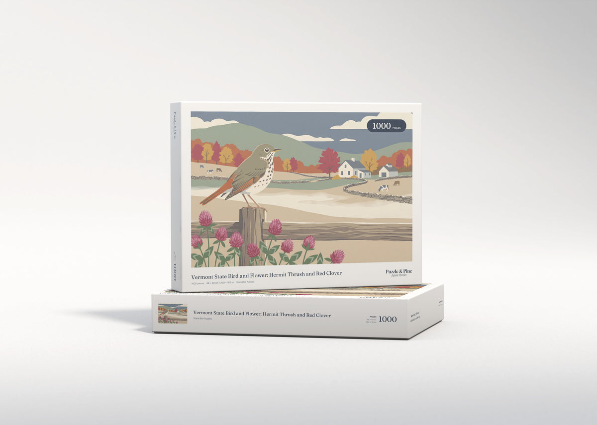 Vermont State Bird and Flower: Hermit Thrush and Red Clover jigsaw puzzle - gift box