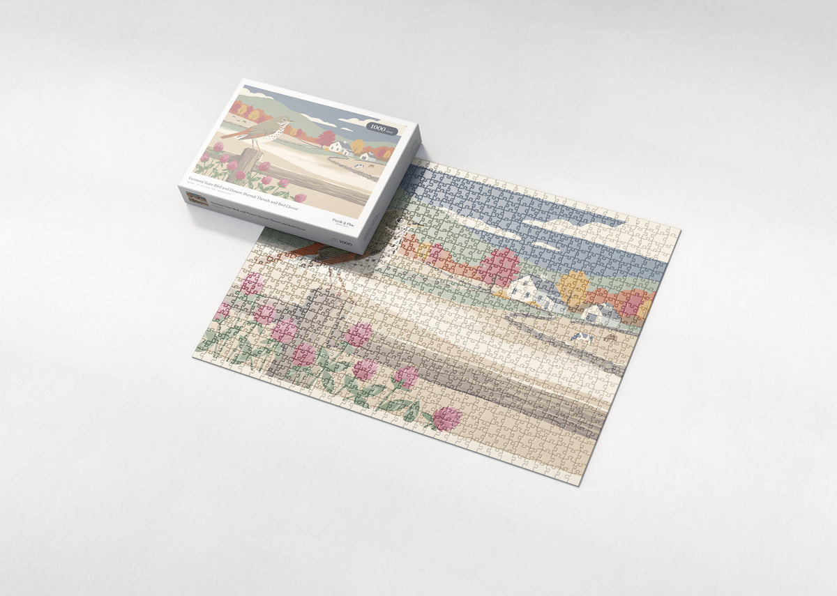 Vermont State Bird and Flower: Hermit Thrush and Red Clover jigsaw puzzle - box and puzzle