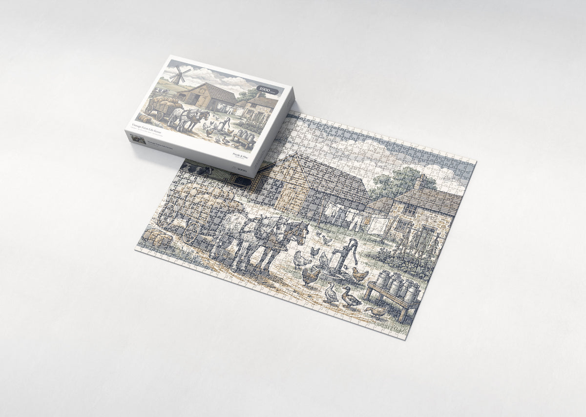 Vintage Farm Life Scene jigsaw puzzle - box and puzzle
