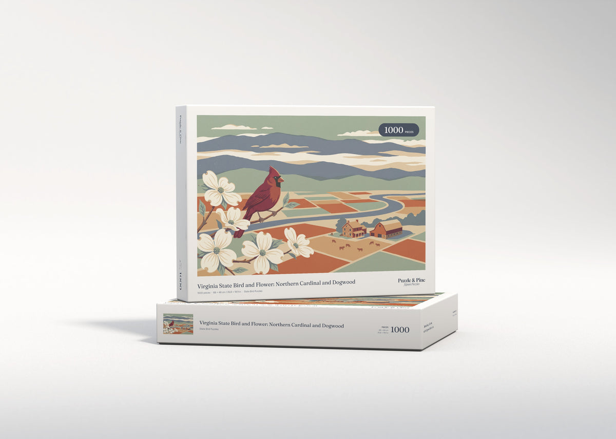 Virginia State Bird and Flower: Northern Cardinal and Dogwood jigsaw puzzle - gift box