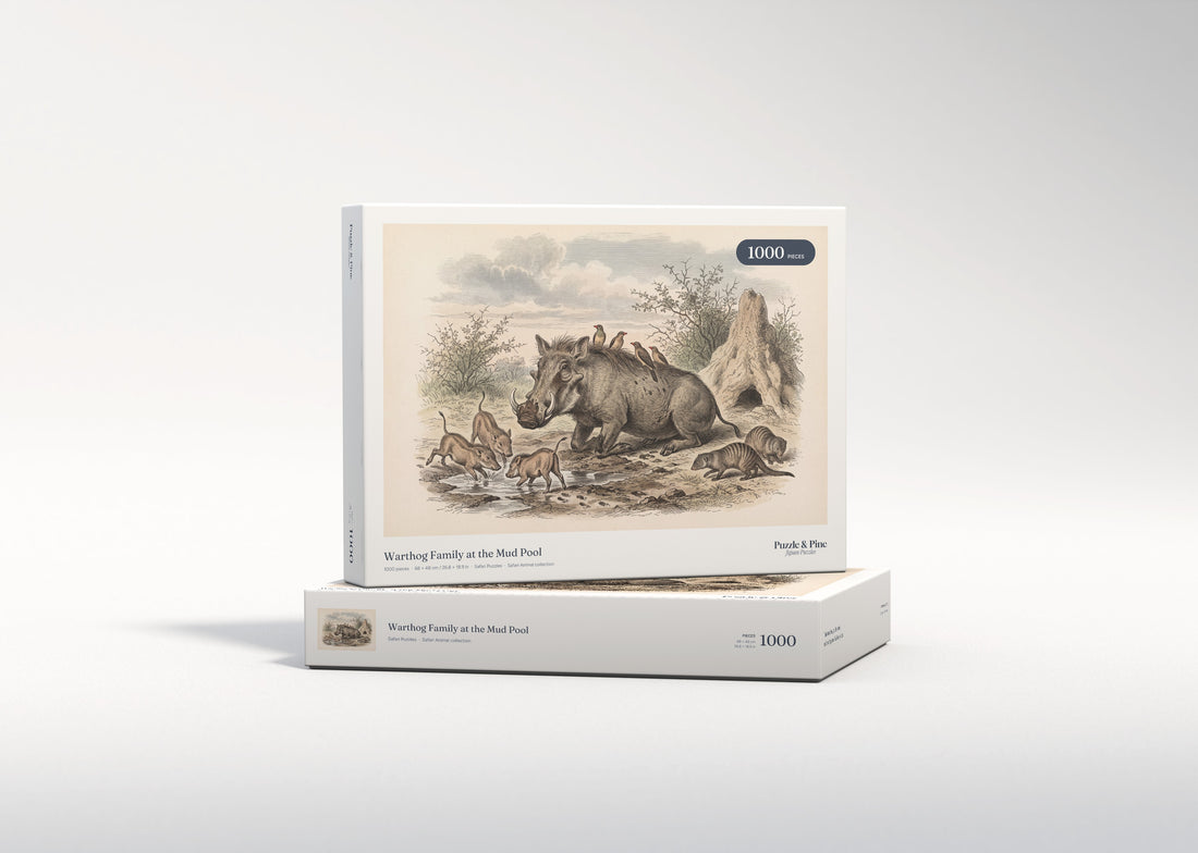 Warthog Family at the Mud Pool jigsaw puzzle - gift box