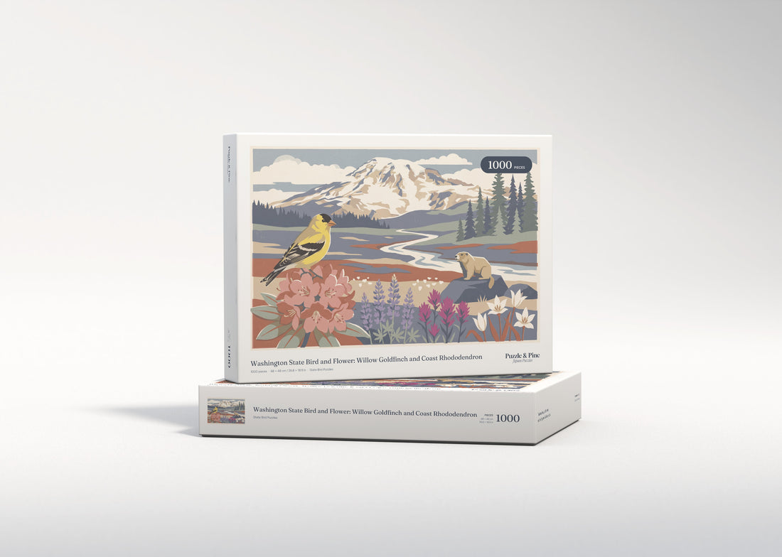 Washington State Bird and Flower: Willow Goldfinch and Coast Rhododendron jigsaw puzzle - gift box