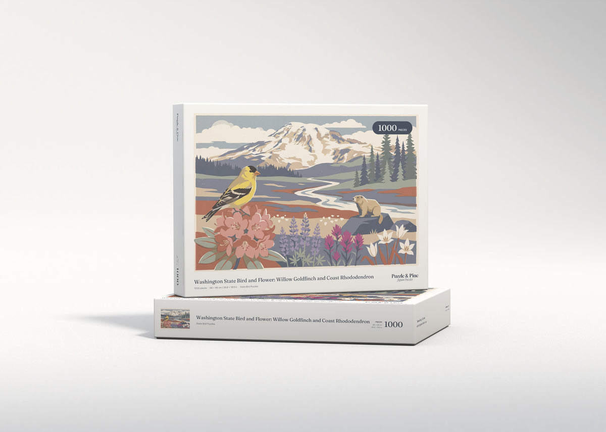 Washington State Bird and Flower: Willow Goldfinch and Coast Rhododendron jigsaw puzzle - gift box