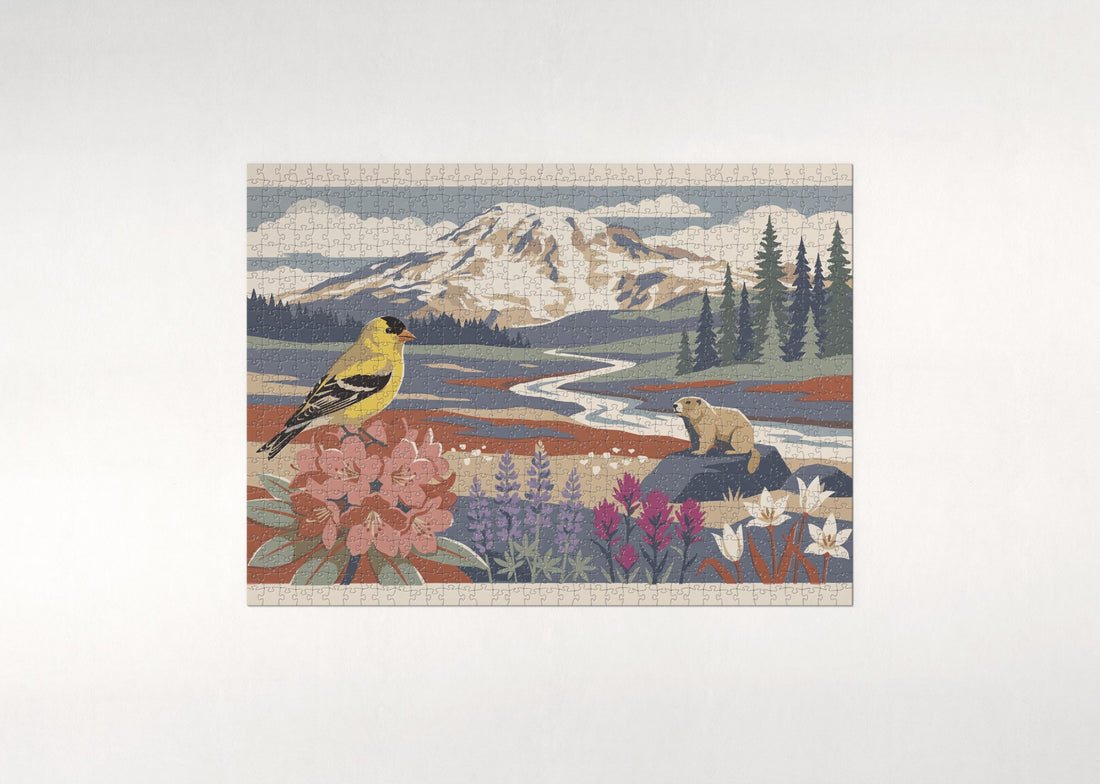 Washington State Bird and Flower: Willow Goldfinch and Coast Rhododendron jigsaw puzzle - gift box