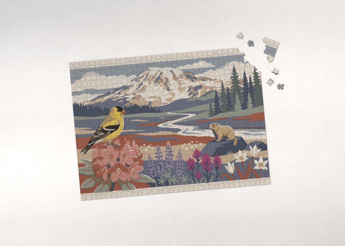 Washington State Bird and Flower: Willow Goldfinch and Coast Rhododendron jigsaw puzzle - puzzle with loose pieces
