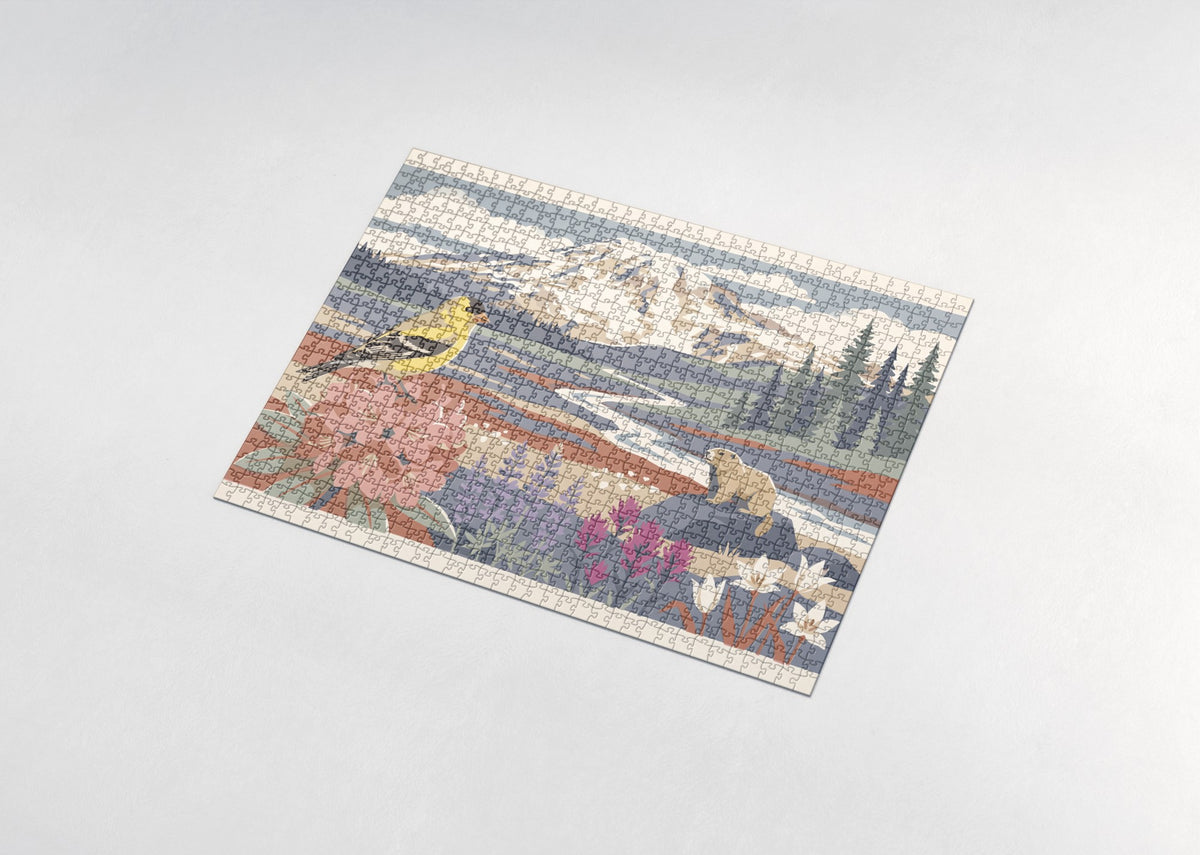 Washington State Bird and Flower: Willow Goldfinch and Coast Rhododendron jigsaw puzzle - assembled puzzle