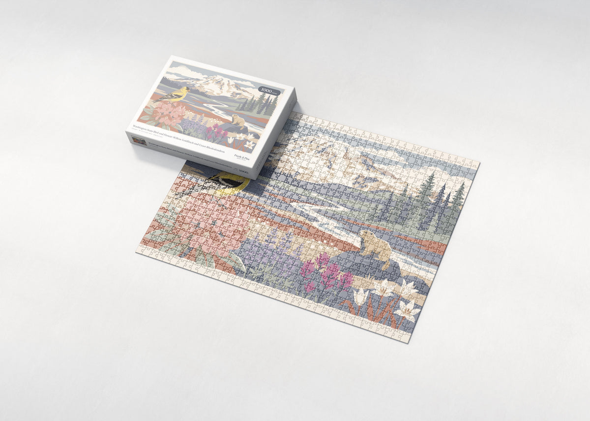 Washington State Bird and Flower: Willow Goldfinch and Coast Rhododendron jigsaw puzzle - box and puzzle