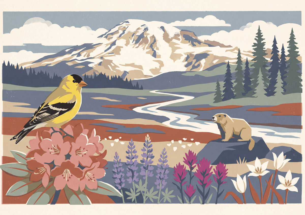 Washington State Bird and Flower: Willow Goldfinch and Coast Rhododendron jigsaw puzzle