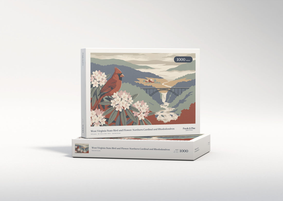 West Virginia State Bird and Flower: Northern Cardinal and Rhododendron jigsaw puzzle - gift box