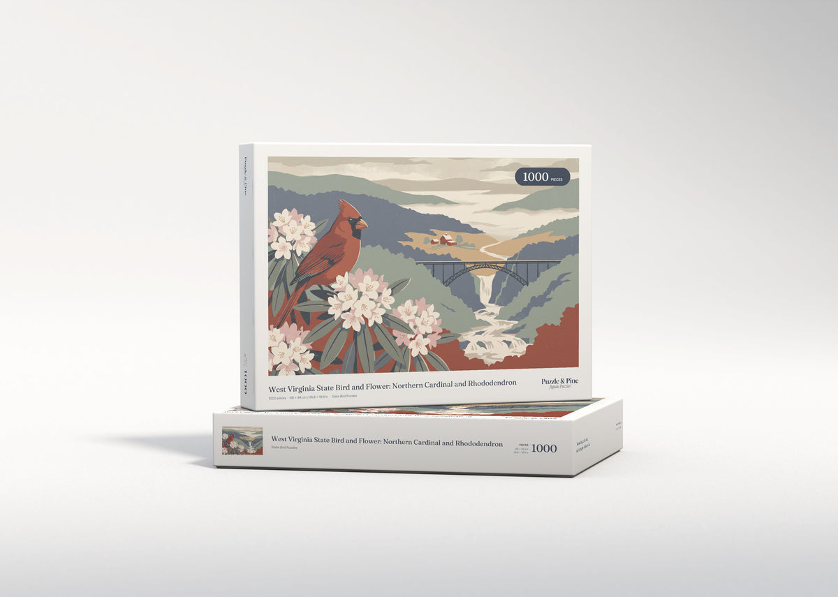 West Virginia State Bird and Flower: Northern Cardinal and Rhododendron jigsaw puzzle - gift box