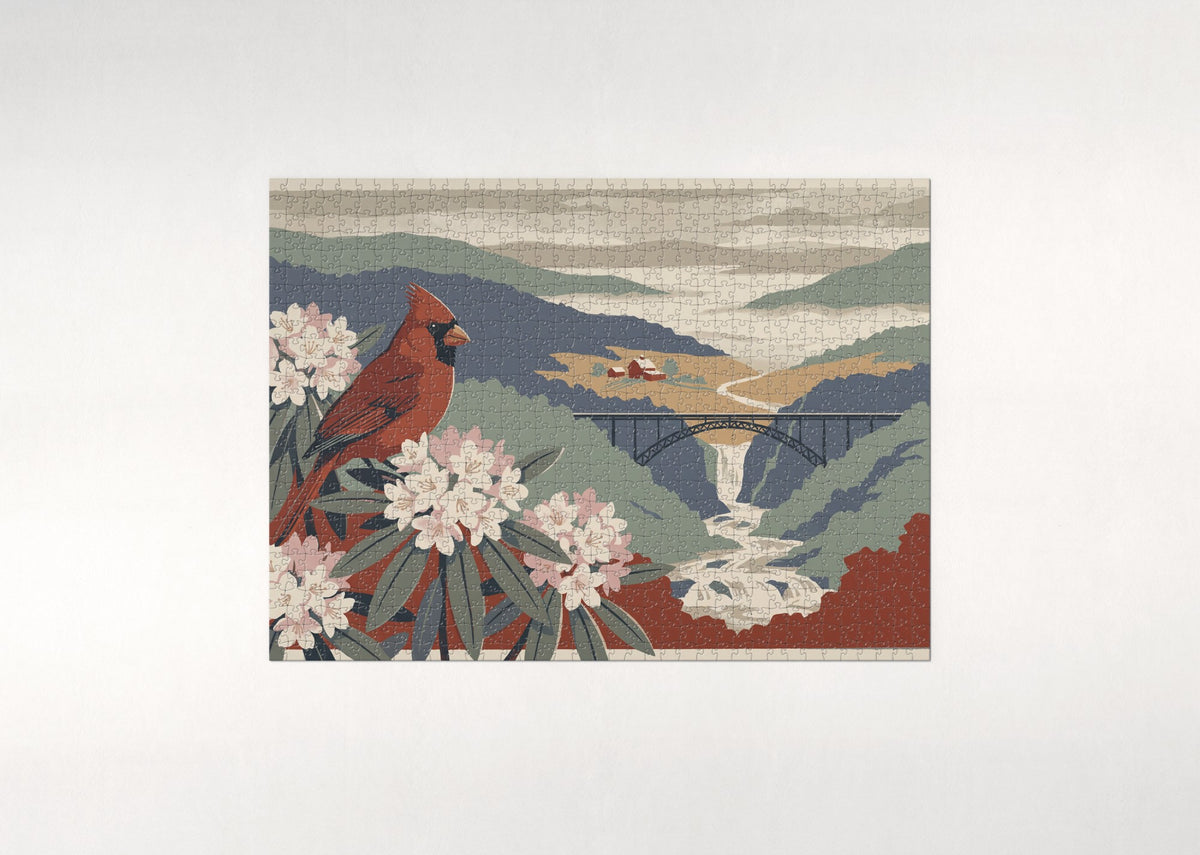 West Virginia State Bird and Flower: Northern Cardinal and Rhododendron jigsaw puzzle - flat puzzle