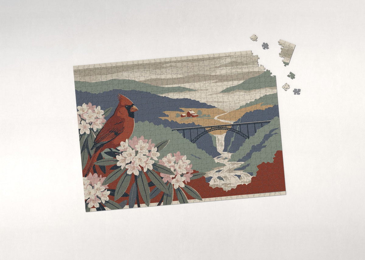 West Virginia State Bird and Flower: Northern Cardinal and Rhododendron jigsaw puzzle - puzzle with loose pieces