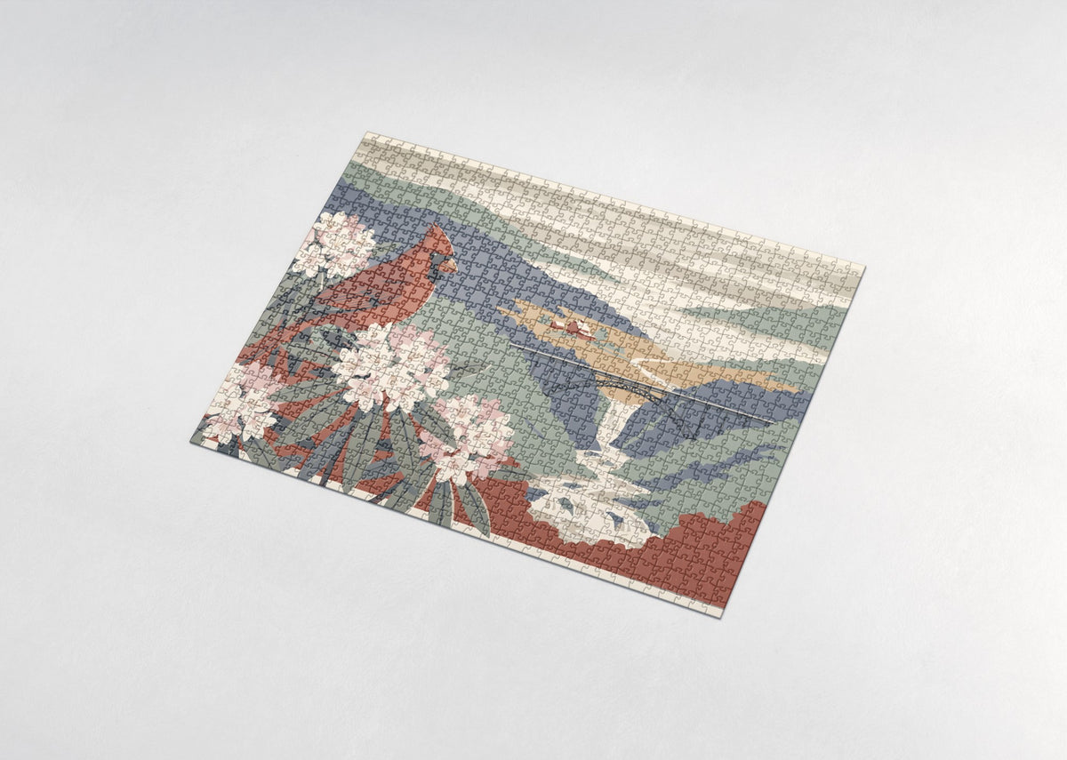 West Virginia State Bird and Flower: Northern Cardinal and Rhododendron jigsaw puzzle - assembled puzzle