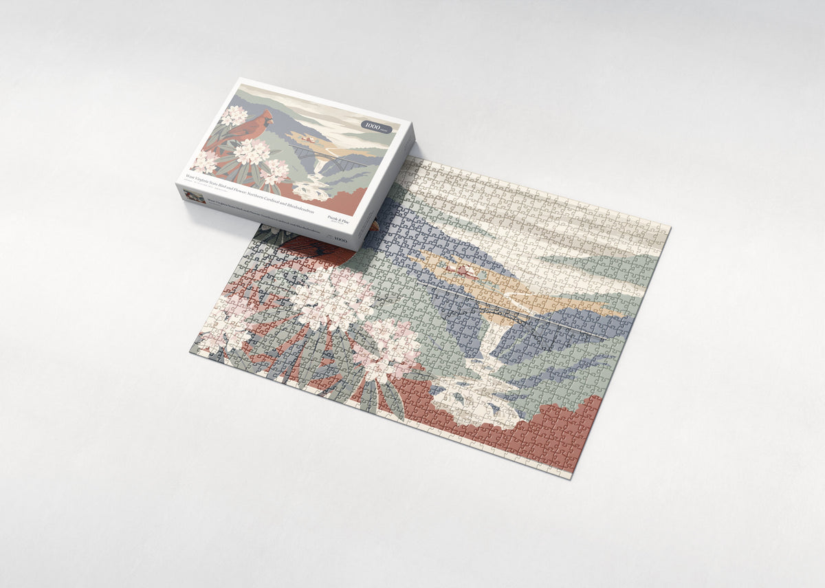 West Virginia State Bird and Flower: Northern Cardinal and Rhododendron jigsaw puzzle - box and puzzle