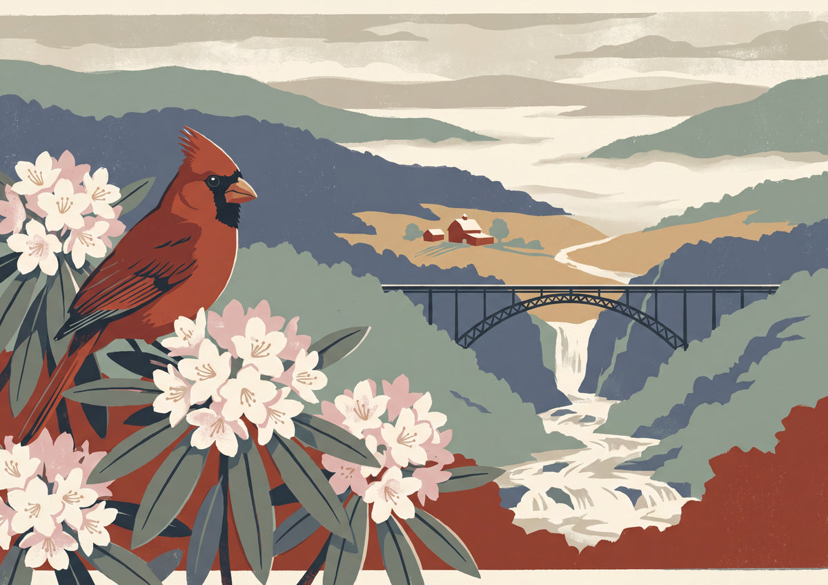 West Virginia State Bird and Flower: Northern Cardinal and Rhododendron jigsaw puzzle