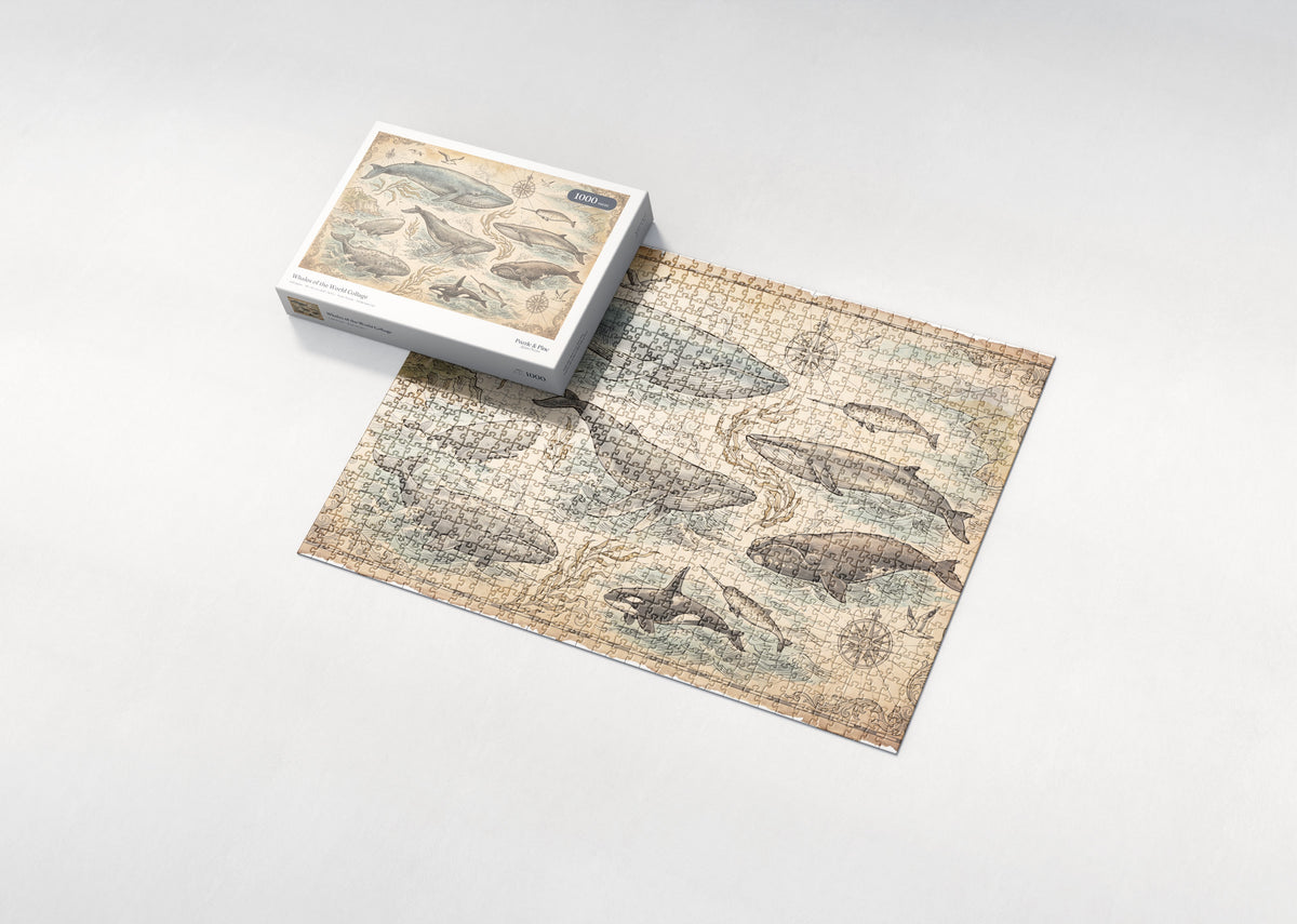 Whales of the World Collage jigsaw puzzle - box and puzzle