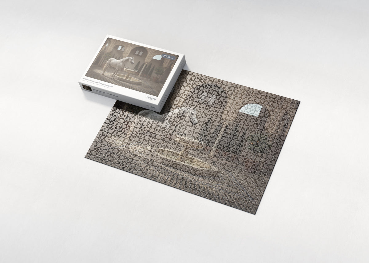 White Arabian in the Palace Courtyard jigsaw puzzle - box and puzzle
