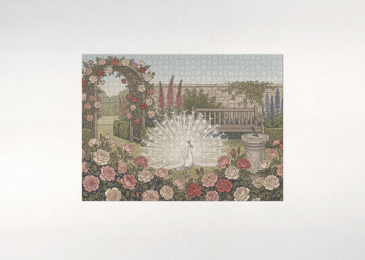 White Peacock in the Rose Garden jigsaw puzzle - flat puzzle