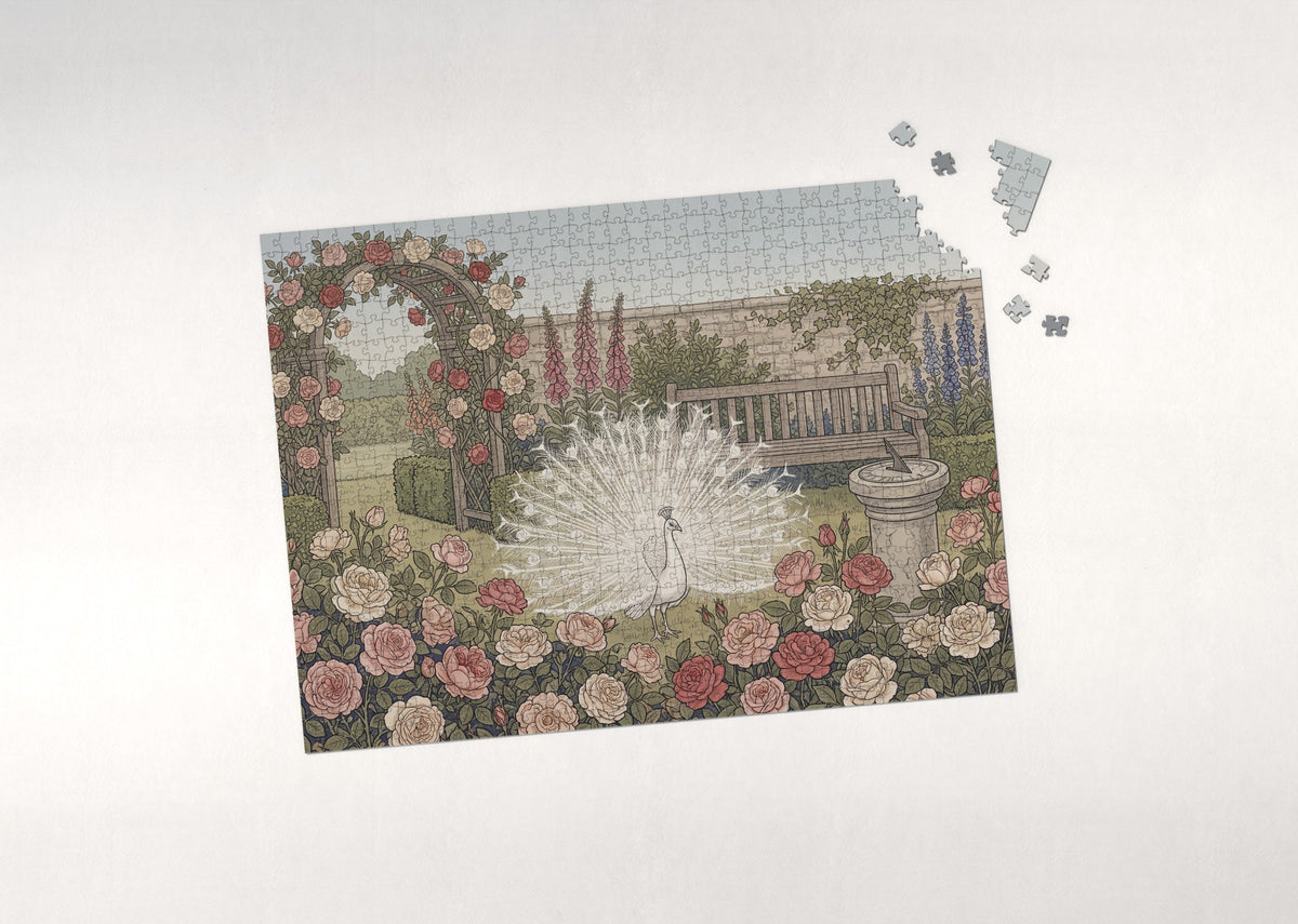 White Peacock in the Rose Garden jigsaw puzzle - puzzle with loose pieces
