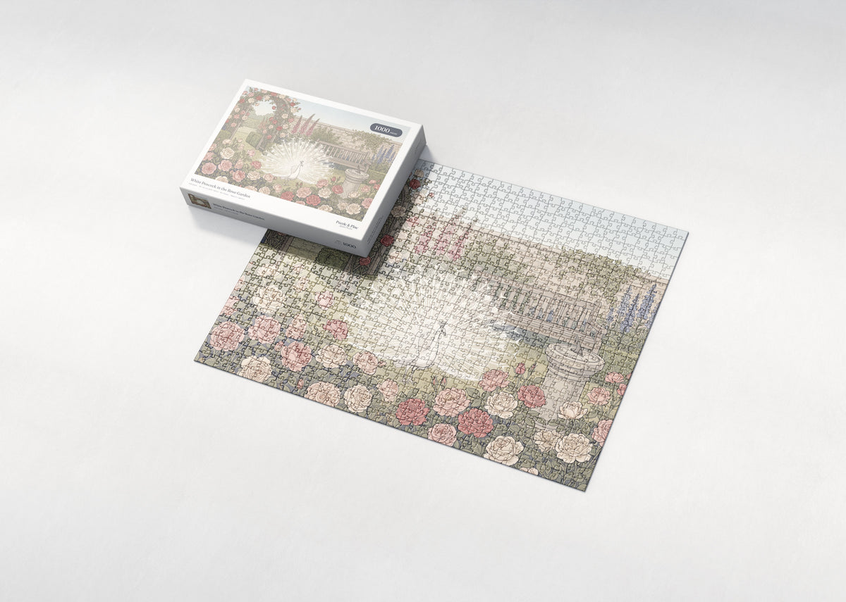 White Peacock in the Rose Garden jigsaw puzzle - box and puzzle